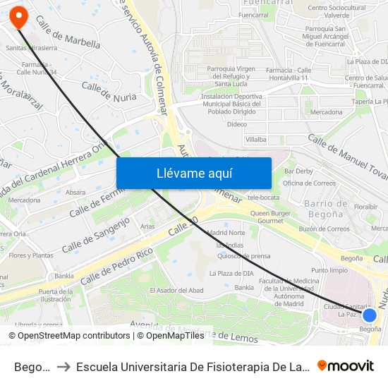 Begoña to Escuela Universitaria De Fisioterapia De La Once map