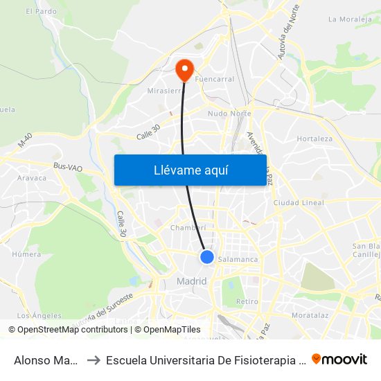 Alonso Martínez to Escuela Universitaria De Fisioterapia De La Once map