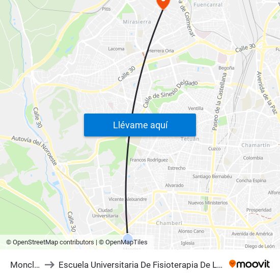 Moncloa to Escuela Universitaria De Fisioterapia De La Once map