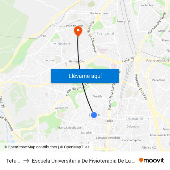 Tetuán to Escuela Universitaria De Fisioterapia De La Once map