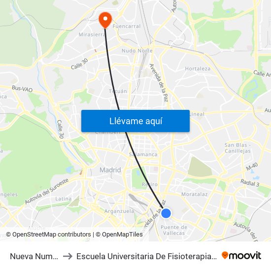 Nueva Numancia to Escuela Universitaria De Fisioterapia De La Once map