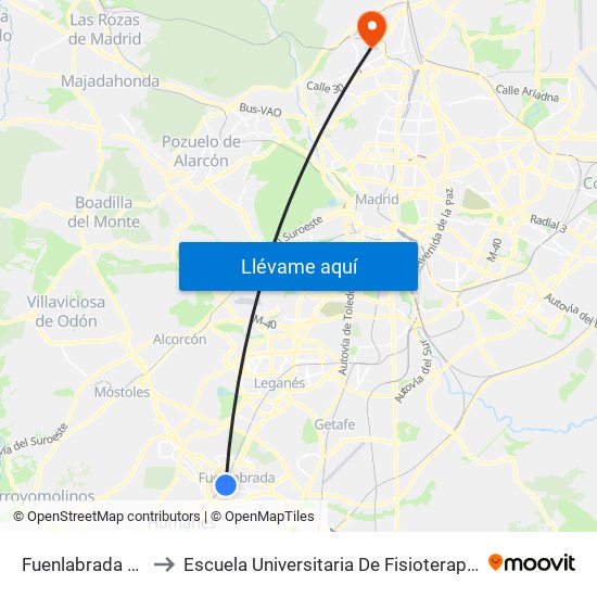 Fuenlabrada Central to Escuela Universitaria De Fisioterapia De La Once map