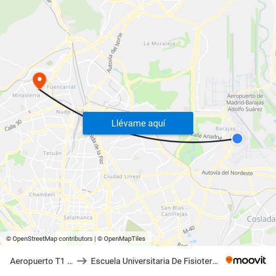 Aeropuerto T1 - T2 - T3 to Escuela Universitaria De Fisioterapia De La Once map