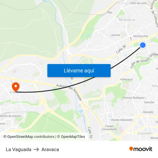 La Vaguada to Aravaca map