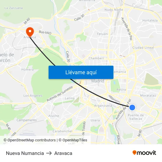Nueva Numancia to Aravaca map