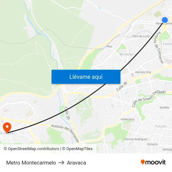 Metro Montecarmelo to Aravaca map