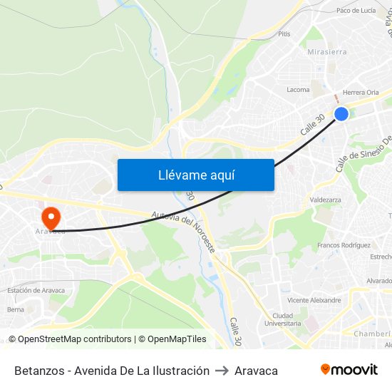 Betanzos - Avenida De La Ilustración to Aravaca map