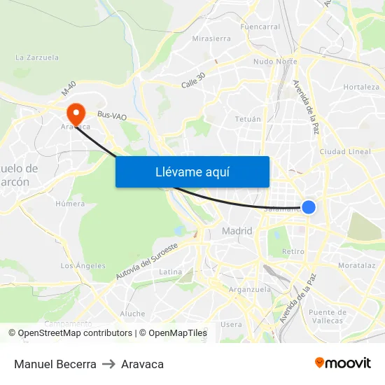 Manuel Becerra to Aravaca map