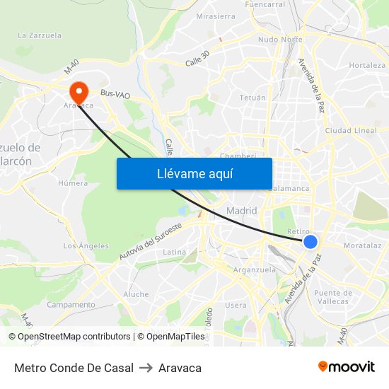 Metro Conde De Casal to Aravaca map