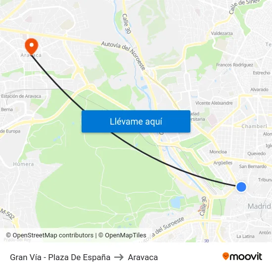 Gran Vía - Plaza De España to Aravaca map