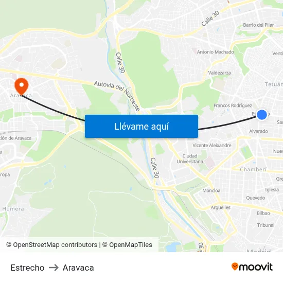 Estrecho to Aravaca map