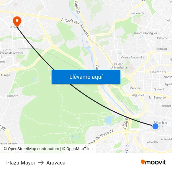 Plaza Mayor to Aravaca map