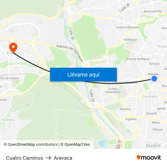 Cuatro Caminos to Aravaca map
