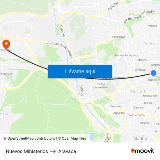 Nuevos Ministerios to Aravaca map