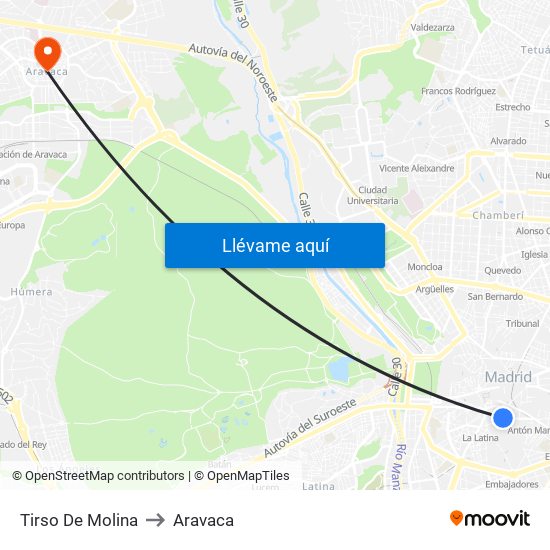 Tirso De Molina to Aravaca map