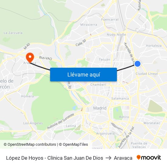 López De Hoyos - Clínica San Juan De Dios to Aravaca map