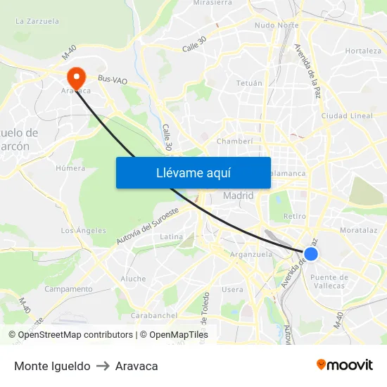 Monte Igueldo to Aravaca map