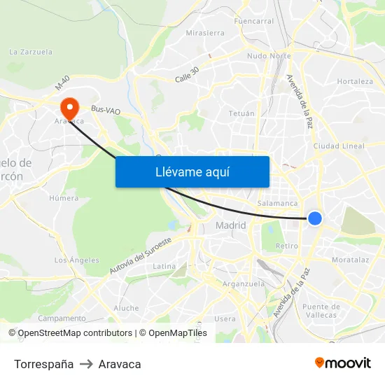 Torrespaña to Aravaca map