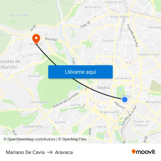 Mariano De Cavia to Aravaca map