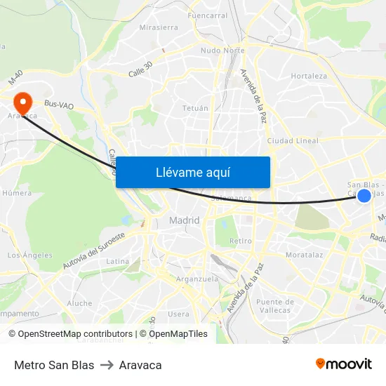 Metro San Blas to Aravaca map