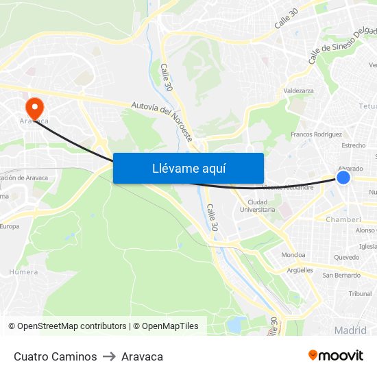 Cuatro Caminos to Aravaca map