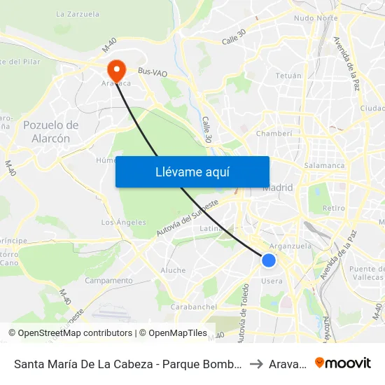 Santa María De La Cabeza - Parque Bomberos to Aravaca map