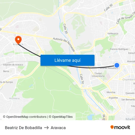 Beatriz De Bobadilla to Aravaca map