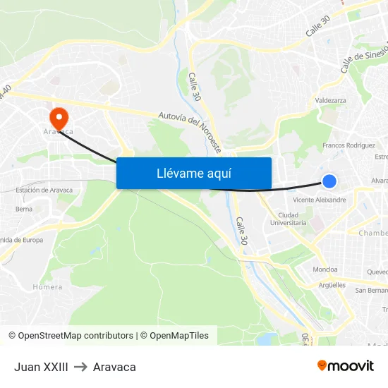Juan XXIII to Aravaca map