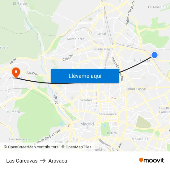 Las Cárcavas to Aravaca map