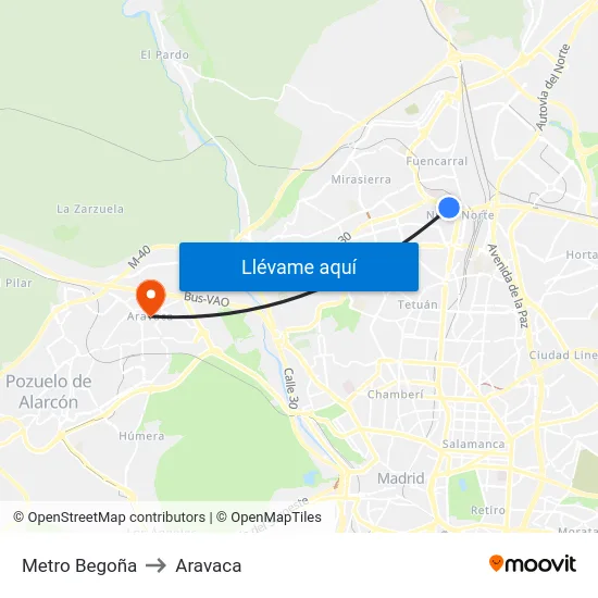 Metro Begoña to Aravaca map