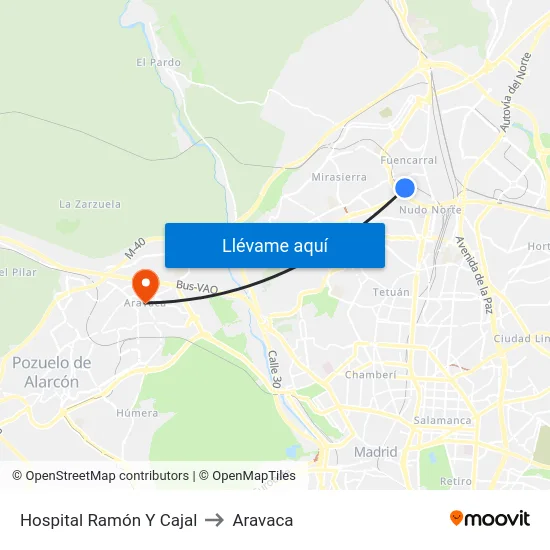Hospital Ramón Y Cajal to Aravaca map