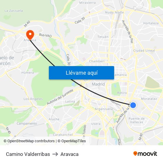 Camino Valderribas to Aravaca map