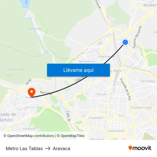 Metro Las Tablas to Aravaca map
