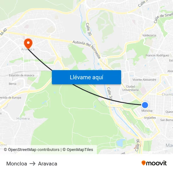Moncloa to Aravaca map
