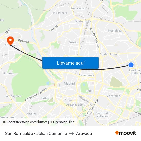 San Romualdo - Julián Camarillo to Aravaca map