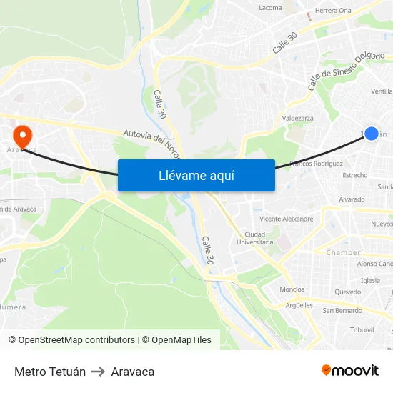 Metro Tetuán to Aravaca map
