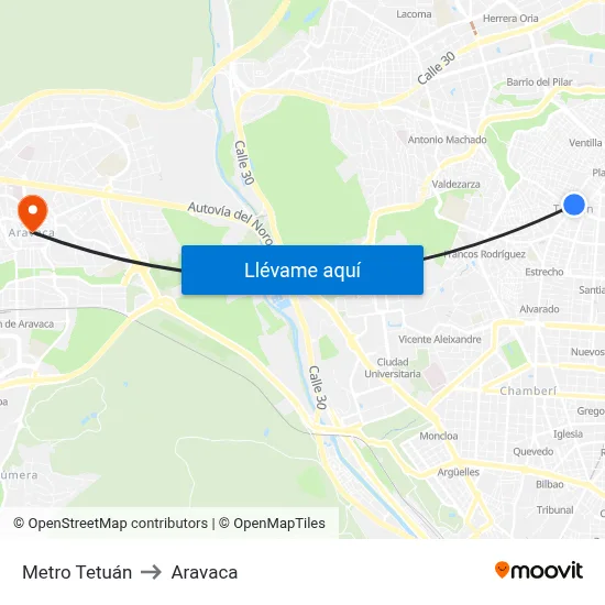 Metro Tetuán to Aravaca map