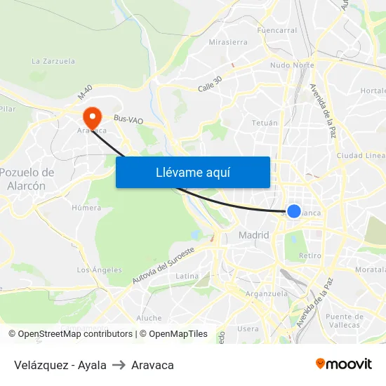 Velázquez - Ayala to Aravaca map