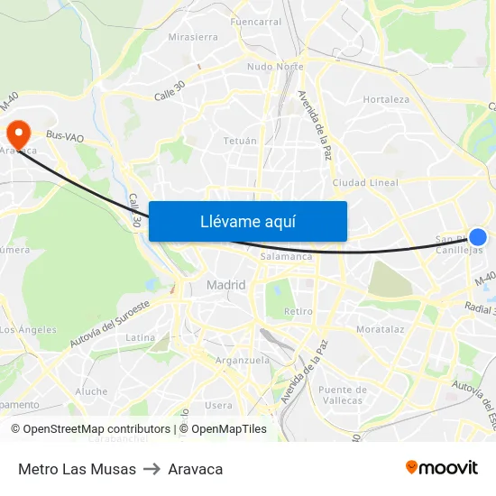 Metro Las Musas to Aravaca map