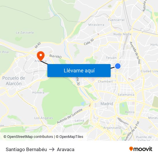 Santiago Bernabéu to Aravaca map
