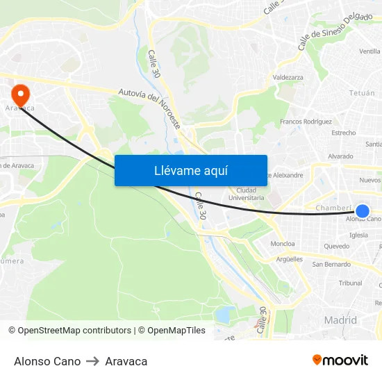 Alonso Cano to Aravaca map