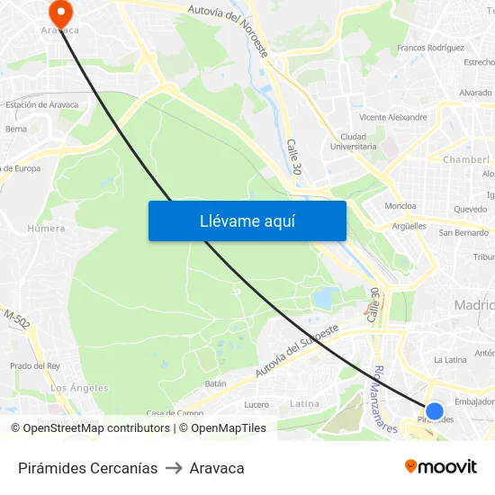 Pirámides Cercanías to Aravaca map