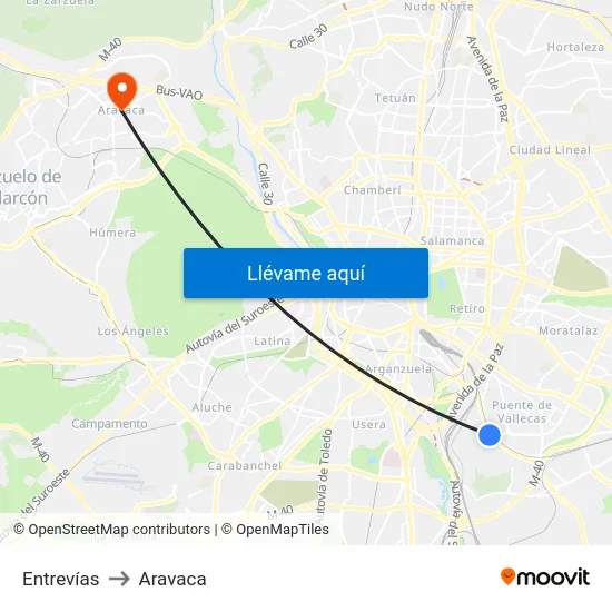 Entrevías to Aravaca map