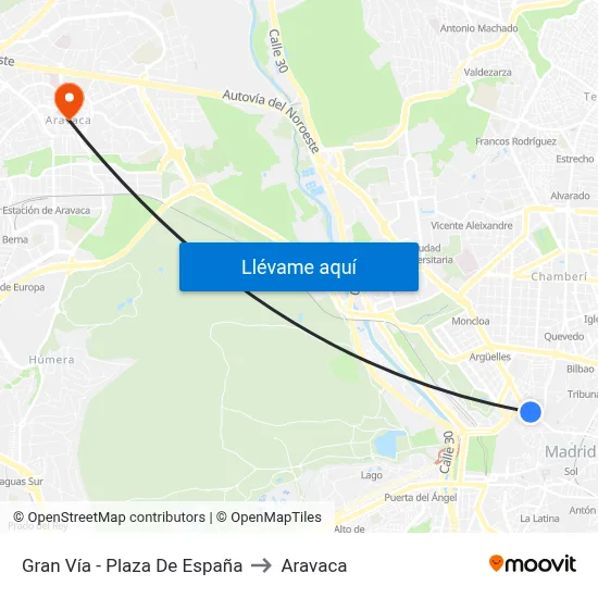 Gran Vía - Plaza De España to Aravaca map