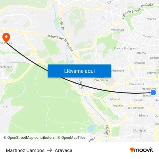 Martínez Campos to Aravaca map
