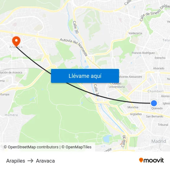 Arapiles to Aravaca map