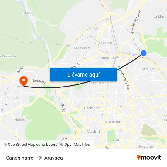 Sanchinarro to Aravaca map