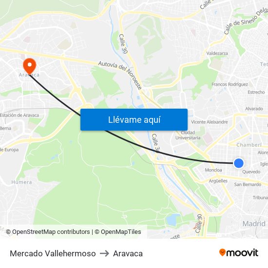 Mercado Vallehermoso to Aravaca map
