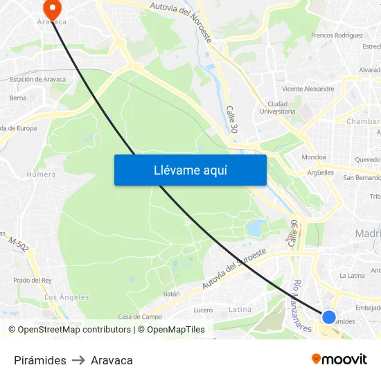 Pirámides to Aravaca map
