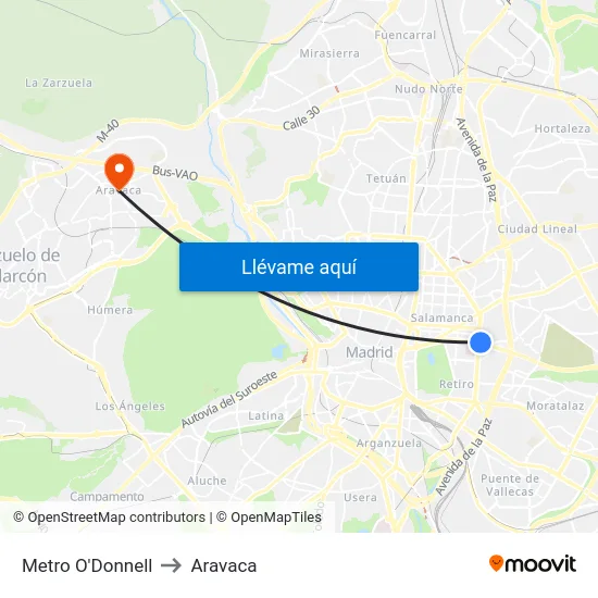 Metro O'Donnell to Aravaca map